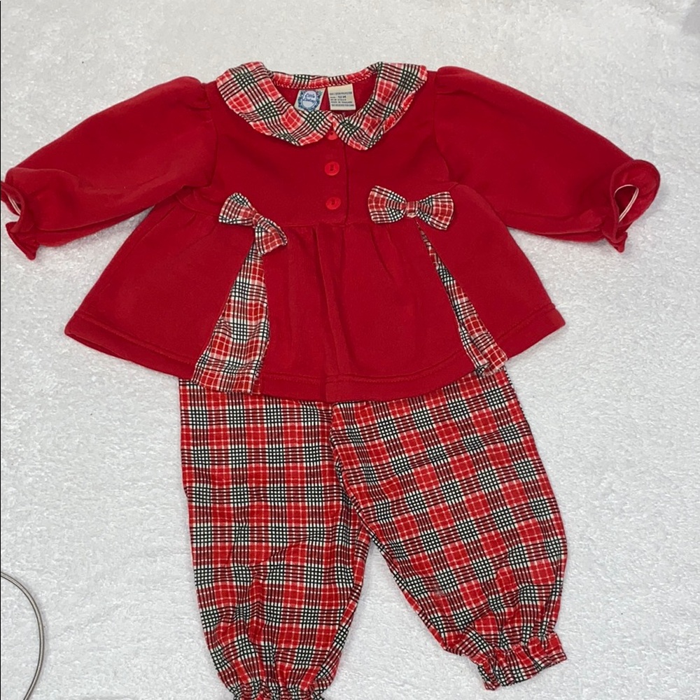 Vintage Little Lindsey Red Plaid Baby Outfit with Bow Accents 12m